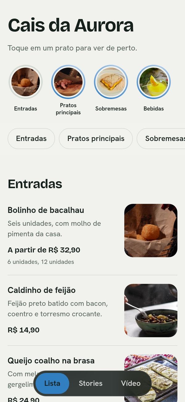 Lista do cardápio no tema claro